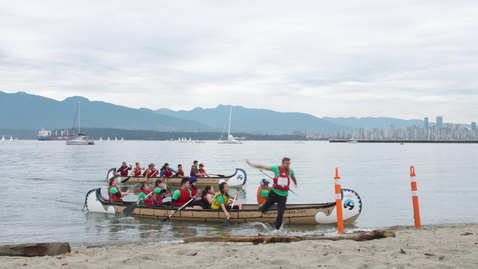 Thumbnail for Three Longboats dock at the beach shore, runners races towards checkpoint