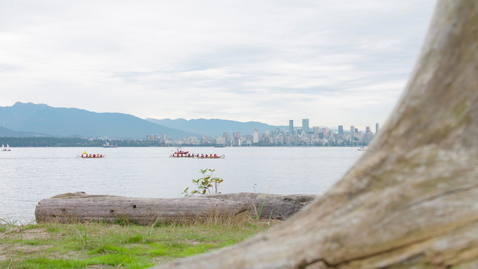 Thumbnail for Wide Shot of Longboat Race at Burrard Inlet before downtown Vancouver